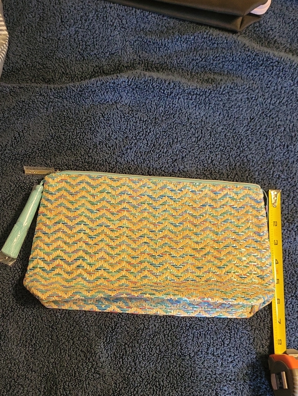 Lancome Woven Chevron Cosmetic Pouch in Aqua and Natural